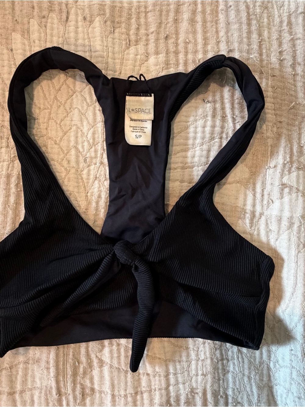 l*space Black Ribbed Front-Tie Swim Bralette